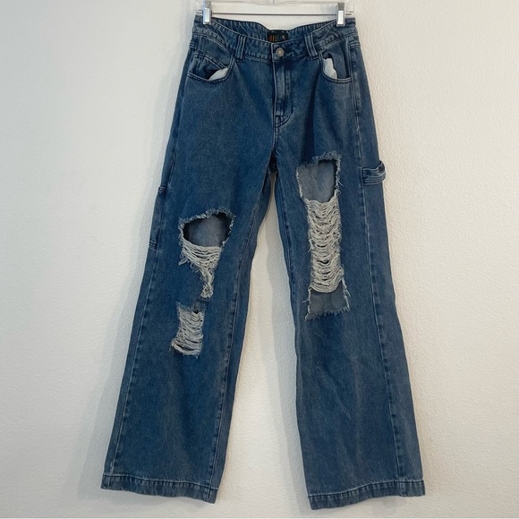 Dolls Kill Denim - Delias By Dolls Kill Weathered Soul Distressed Jeans Blue Baggy Carpenter Medium